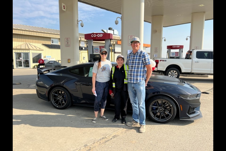 From left, Chaelynn Boutin, Monet David and Joel Mryglod were in Carlyle at the Fuel Good Day at the co-op gas bar. 