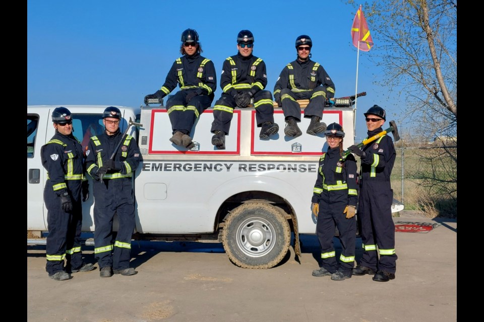 Participating in the Emergency Response Mine Rescue Skills Competition this year will be the Mine Rescue Team at Westmoreland Mining Holdings LLC's Estevan Mine, consisting of, from left, Derek Choma, Tanner Weger-Brandow, Brandon Schopp, Austin Dovell, vice-captain Tyler Ursu, captain Jessica Klarholm, and Lonnie Rooks. Missing from the picture are coaches Cory Gibson and Travis Olver, and safety manager Guy Hiltz. 