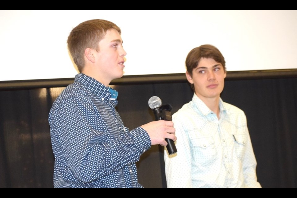 Wyatt Thompson, left, and Logan Stewart explain how they plan to change irrigation in agriculture. 