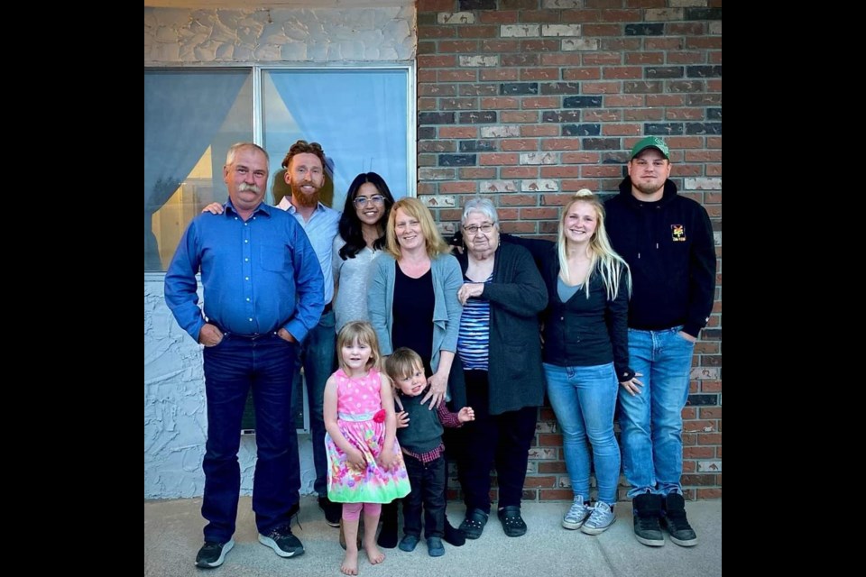 Hudson Bay Distillers team include L-R adults pictured here are Tim Karchut, Cavrin Karchut, Jessica Chimm, Kim Karchut, Dianne Bayet, Kelli Karchut, Joel Foster with the two little people, Octavia and Anders Foster, whom the pulse crop spirit line was named after.