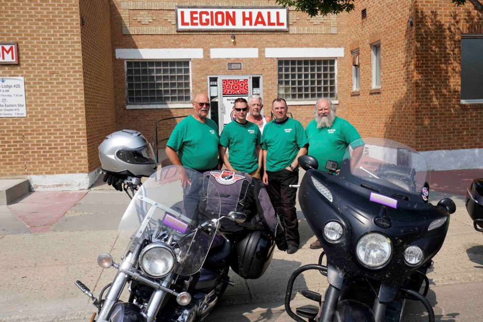 From left, Dan Lyver, Joel Armstrong, Mark Kornell and Ray Lyver were joined by Owen White, Sgt. at Arms with Royal Canadian Legion Branch No. 47 of Weyburn for the southeast Saskatchewan portion of the moto relay, supporting blind children.                                