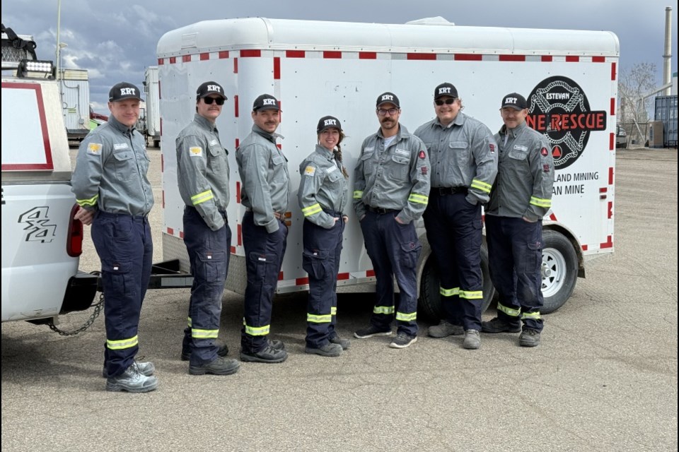 Mine rescue competing members are, from left, Tanner Weger-Brandow, Tyler Ursu, Matt Mutz, captain Jessica Klarholm, vice-captain Brandon Schopp, alternate Dale Feser and member Derek Choma. 