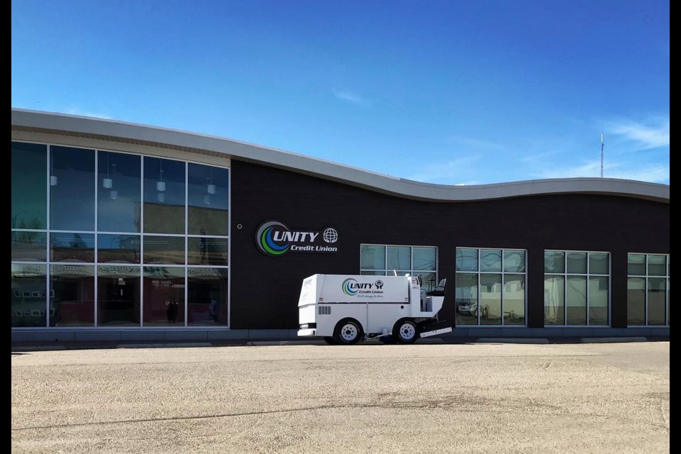 2020 marked the completion of Unity Credit Union's renovation process celebrated with the town thanking the business for sponsorship for Zamboni at the arena by parking it in front of the newly upgraded building.