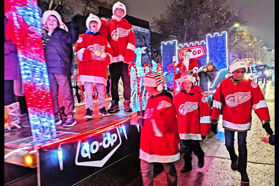 The Co-op float had a hockey team on board, as well as the parade's Santa Claus at the back, as the finale to the Parade of Lights.