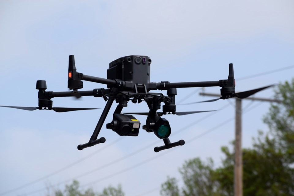 The drone for Predator Inspections Ltd. flies above central Estevan.