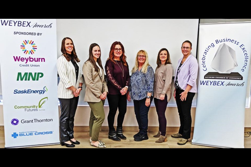 The 2023 WEYBEX Awards were kicked off on Monday mornng at the Weyburn Credit Union’s community room, and the award sponsors were on hand. From left are Chamber of Commerce manager Monica Osborn; Alex Roettger of the Weyburn Credit Union; Andria Brady, Community Futures Sunrise; Michelle Giroux, SaskEnergy; Melissa Swayze, MNP; and Rhonda Verbeurgt of Grant Thornton. The deadline for nominations in the five award categories is March 28, and the awards will be presented on April 28 at McKenna Hall.
