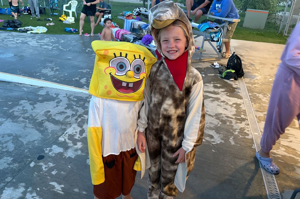 Rhea Shier and Claire Ball trick-or-treating early this year. 
