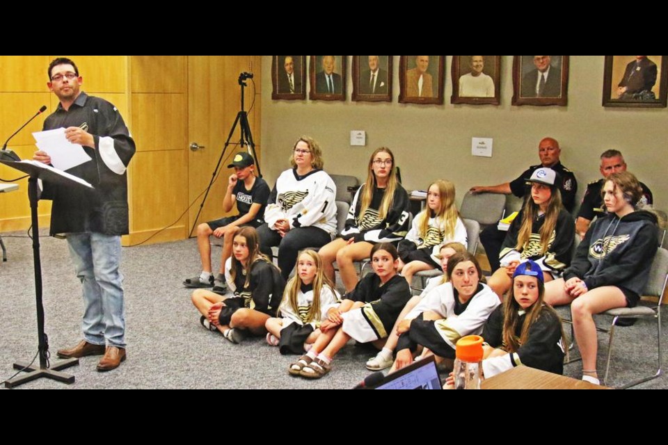 Ryan Birnie, representative for the Gold Wings board, spoke to city council, accompanied by several girls who play hockey, some members of the U13 provincial champion team.