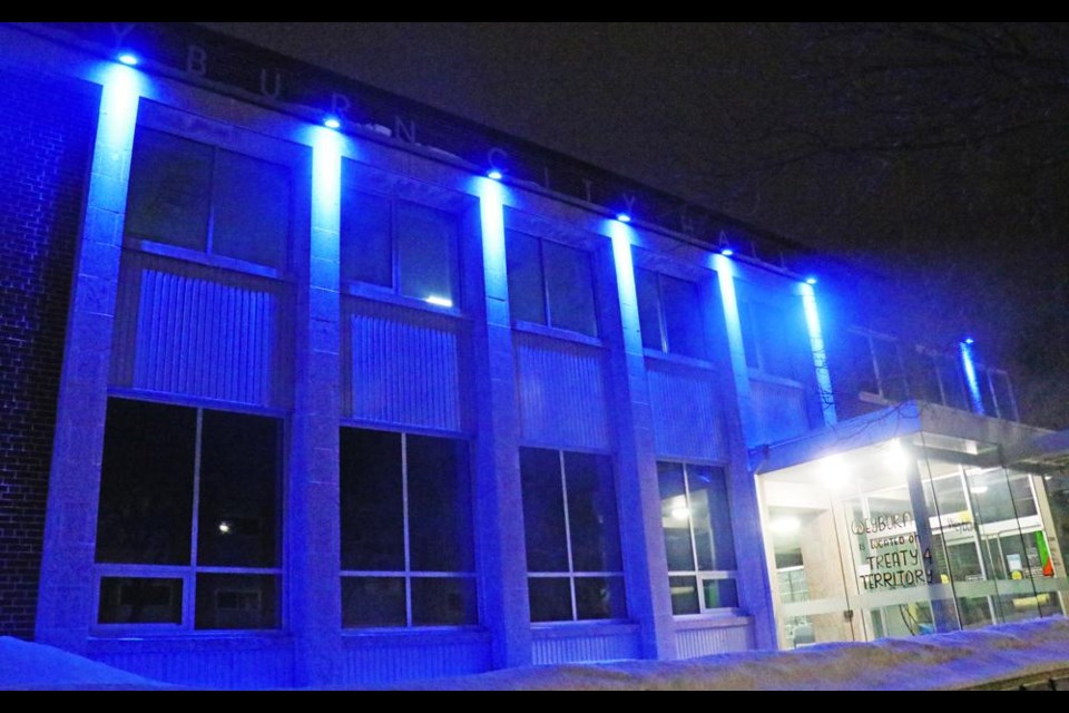 Weyburn's City Hall is lit up with alternating blue and yellow lights, in solidarity with Ukraine