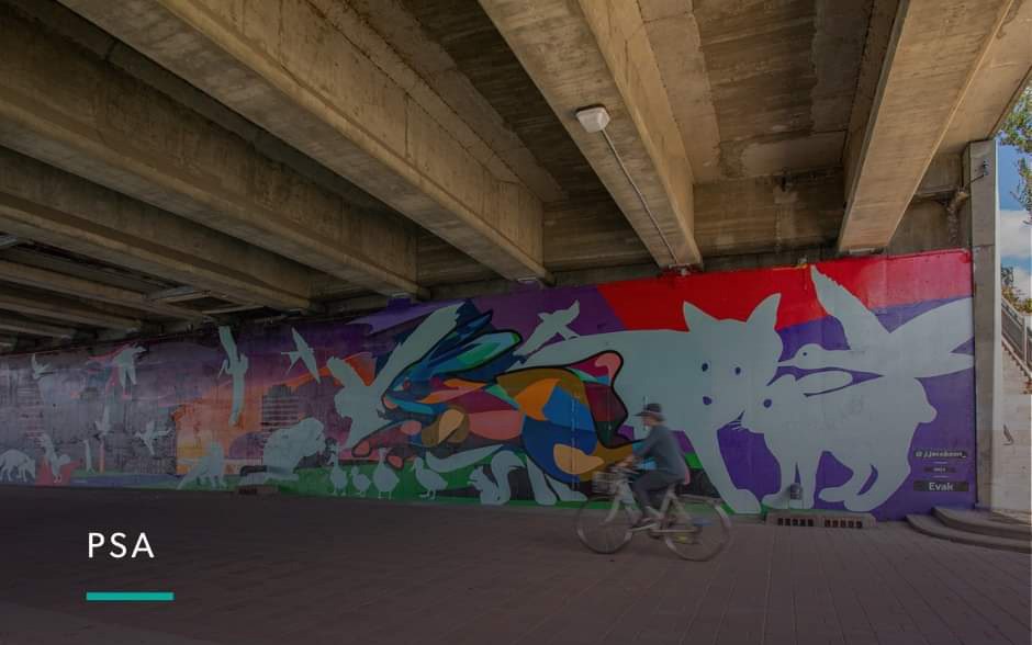 Josh Jacobson's mural in River Landing beneath the Sen. Sid Buckwold Bridge.