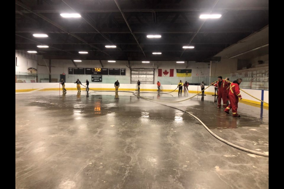 A Sept. 14 work party in Kerrobert lead by the Kerrobert Fire Department collaborated to prepare for ice installation in the Kerrobert arena.