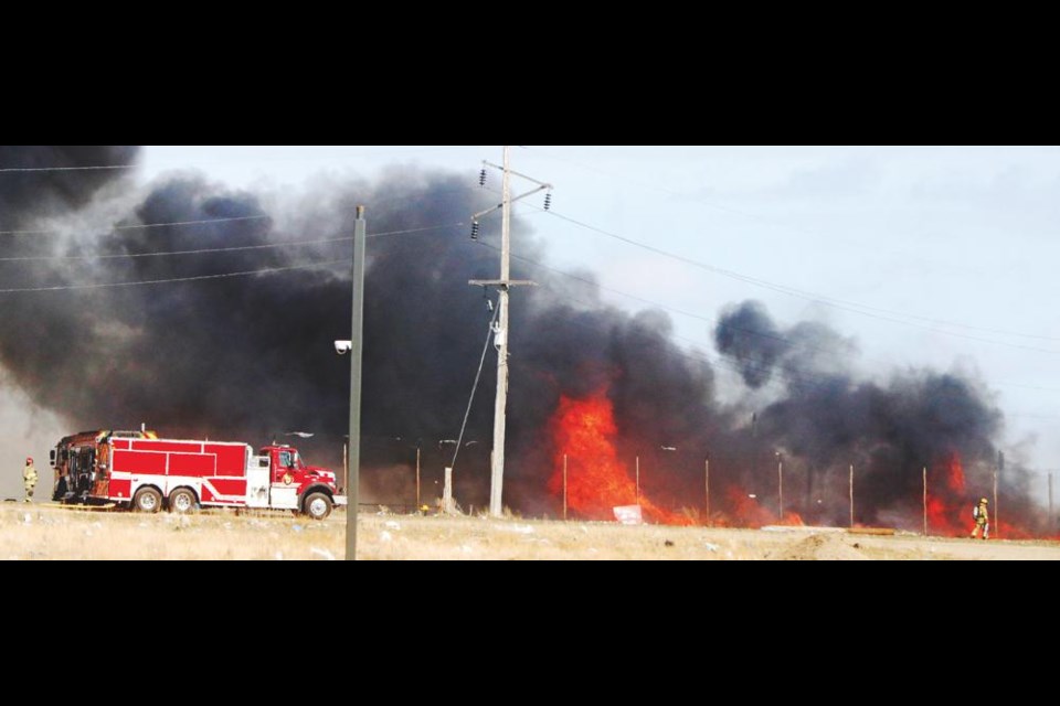 Large flames and black smoke could be seen across the city on March 24, after a large front-end loader sparked a fire at the City of Weyburn’s landfill. No one was injured in the fire, but the landfill had to stay closed until March 25 as fire fighters worked on controlling and extinguishing the fire.