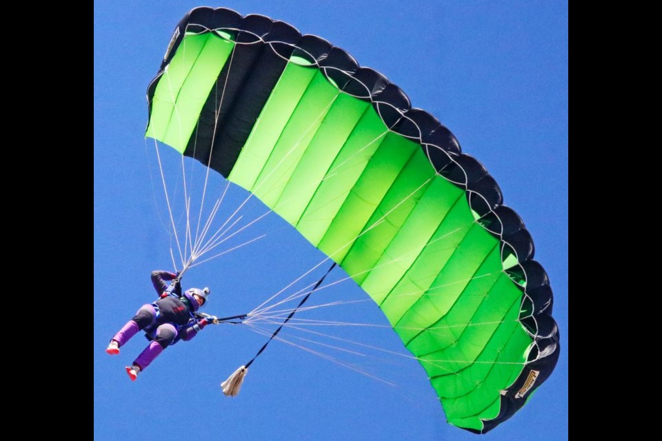 Samantha MacDonald, president of Skydive South Sask, rode the air currents as she came down for a landing at the Weyburn Airport on May 9. She and two other members jumped out at 6,000 feet above the airport under what they deemed as “perfect” conditions. The skydiving club is based out of Moose Jaw, but are temporarily headquartered in Weyburn for May and June as their airport is getting upgrades.