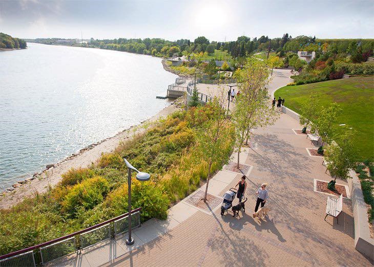 An overhead view of a portion of Meewasin Valley trails through River Landing in Saskatoon.