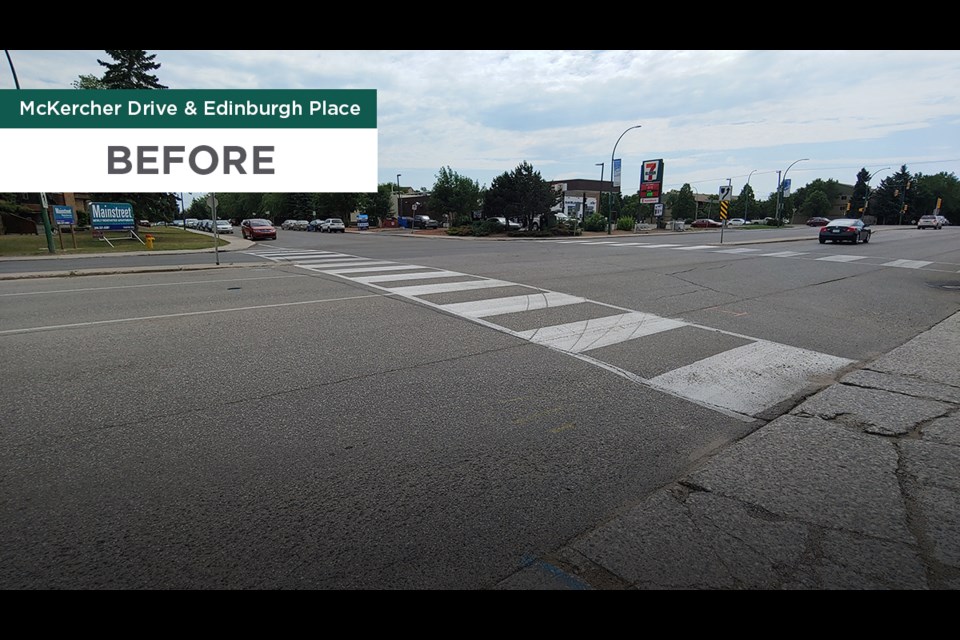 The McKercher Drive and Edinburgh Place intersection before the installation of the active pedestrian corridor.