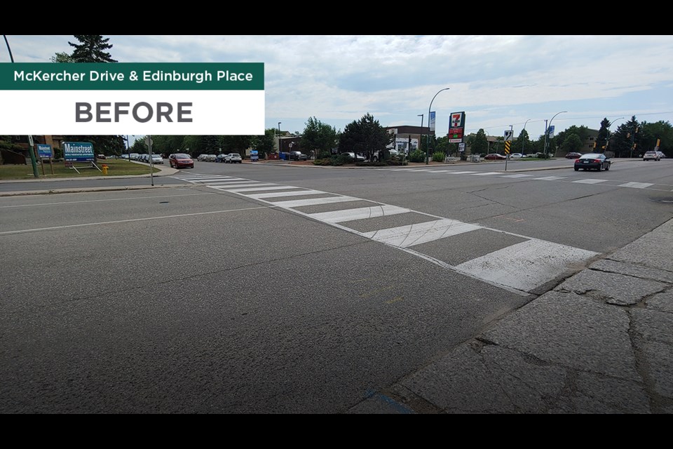 The McKercher Drive and Edinburgh Place intersection before the installation of the active pedestrian corridor.