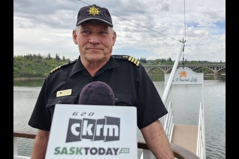 Captain Mike Steckhan explains the need to clear the South Saskatchewan River's accumulated sand during a press conference aboard the Prairie Lily on Monday, May 12.