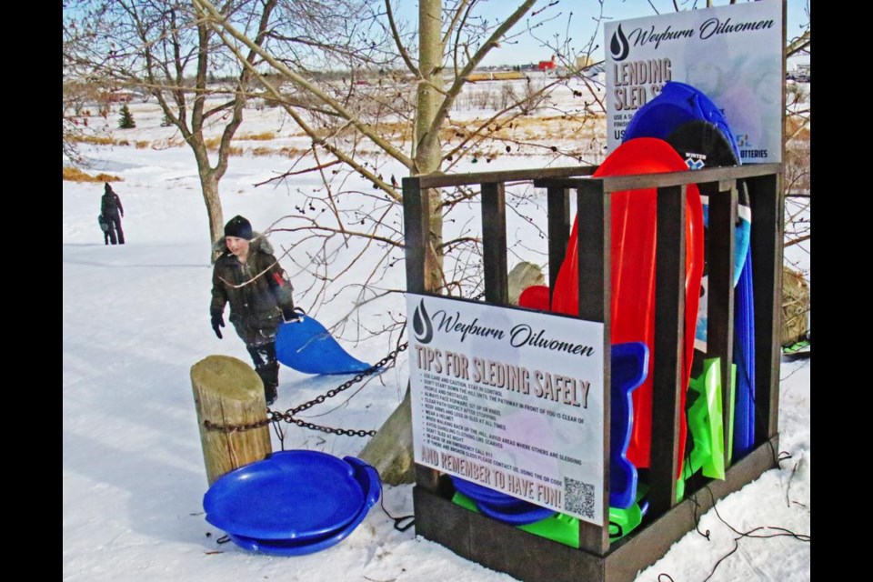 This sled lending centre was recently installed by the Weyburn Oilwomen, with sleds available for anyone who wants to have fun on the hill on Confederation Drive