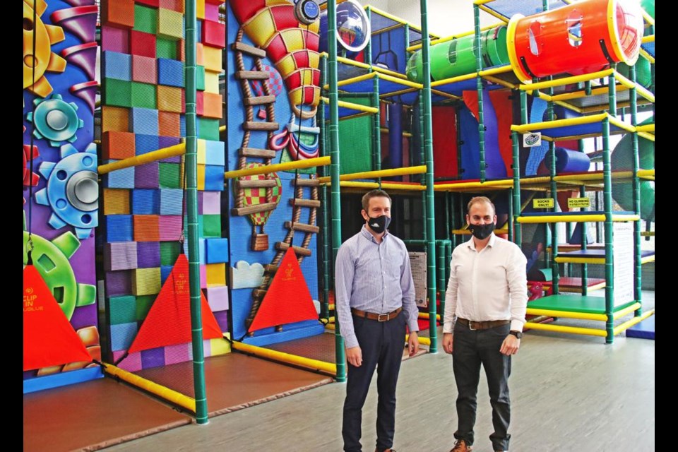 Andrew Crowe and Ryan Dale show off the new play area in the Spark Centre.