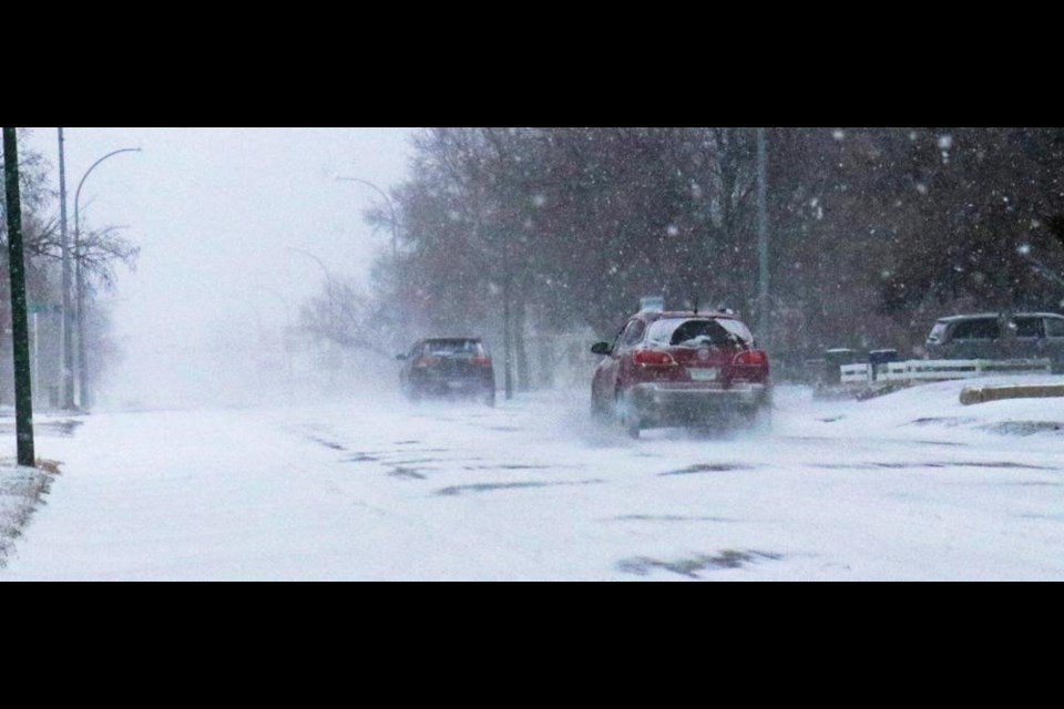 Traffic was light on Government Road on Wednesday morning as the blizzard continued in the Weyburn area