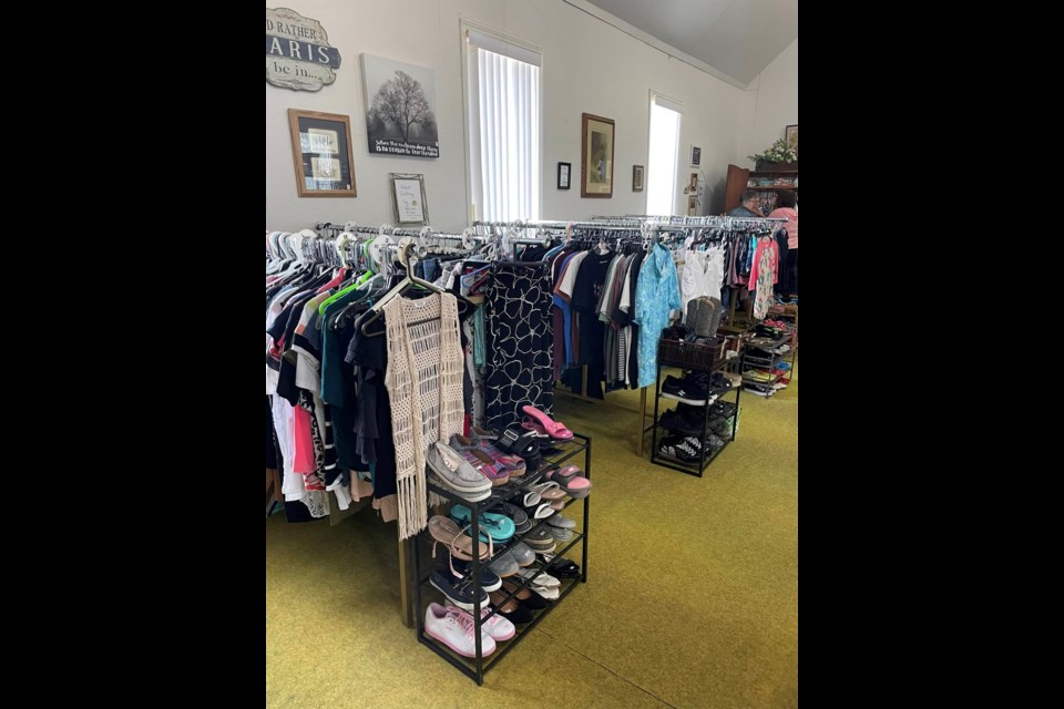 A wide variety of clothing that has been donated to the Village Green Thrift Shop in Neilburg is displayed for shoppers.