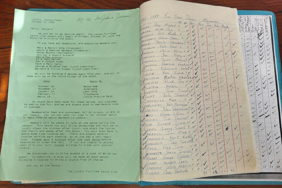 A book listing names of couples from the first year the dance club was in operation in 1988 has over 100 couples listed as attending their October dance. The green paper notes the executive members, prices and bands for the club's 1995-96 dance year.