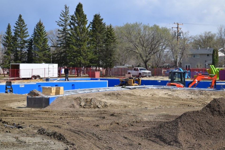 As the weather has improved, outdoor work on the Canora Aquatic Park project is moving right along. Here workers are grading the base of the pool so they can pour the concrete for the base slab.