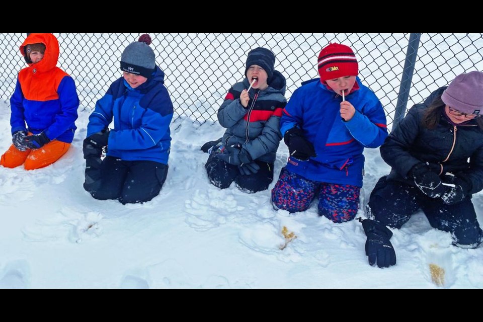 Grade 4 students Keaton W, Harrison B, Hudson F, Emerson M, Levi B from Assiniboia Park Elementary School tried out maple snow candy