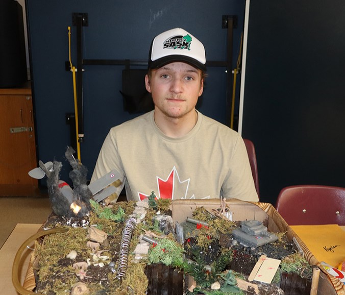 By 1917, the First World War had been raging for three years, as depicted in Kayden Harder’s project. He built more modern equipment out of plastic, including a tank with a curved exterior, and a crashed plane. Harder won the vote for favourite display.