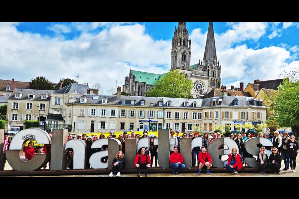 Students, staff and parents gathered at a big sign in Chartres, France, during a 10-day trip over the Easter break by the Weyburn Travel Club. The travelers were able to experience London, England, and various stops in France including the Normandy region and Paris.