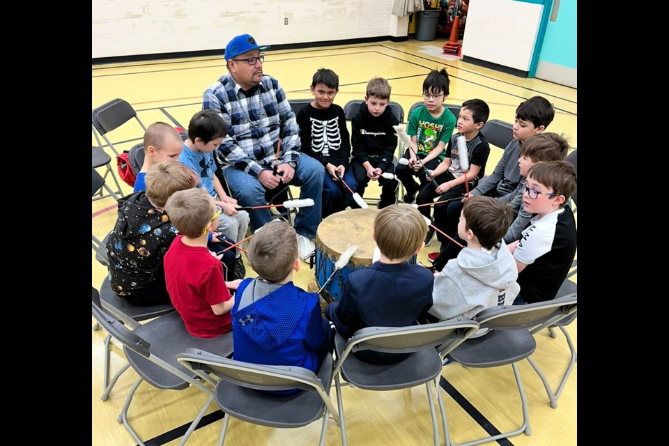 Robert Severight, Good Spirit School Division Indigenous Cultural Coach, has been leading the CJES Drumming Group, teaching students drumming techniques and beats. 