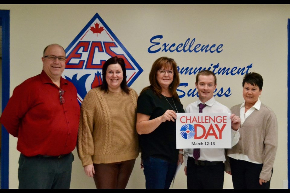 From left, ECS vice-principal Brian Wright, school community council members Melissa Deitz and Kelly McConnell, ECS principal James Jones and SCC member Melanie Dzeryk announced that the Comp. is bringing the Challenge Day back in March.
