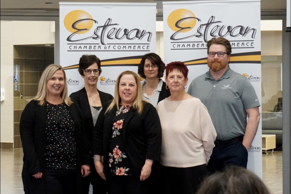 The Estevan Chamber of Commerce installed its 2024 board of directors. From left, Ashley Gallaway, Linda Mack (treasurer), Twyla Bauman, Tania Hlohovsky Andrist (vice-president), Denise Taylor (president) and Cory Casemore. Missing from the picture are John Williams and Melanie Tribiger.                               