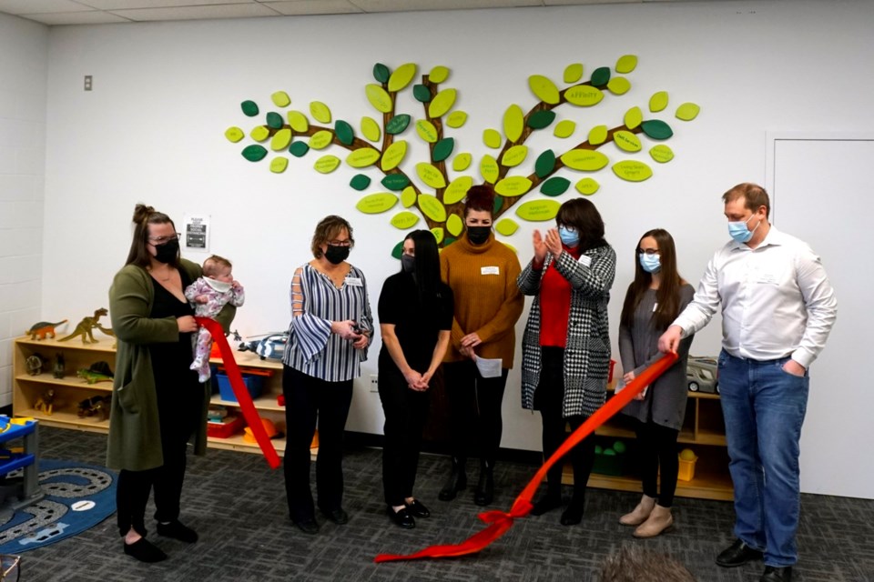 From left, EEYFRC board member Haley Ingham, Susan Colbow, co-ordinator of early learning with SECPSD Jacquie Gibbs, EEYFRC board member Michelle Walsh, SECPSD director of education Lynn Little, new EEYFRC executive director Sara Saigeon and EEYFRC board member Shane Bucsis partook in the grand opening of the new Estevan Early Years Family Resource Centre.                               