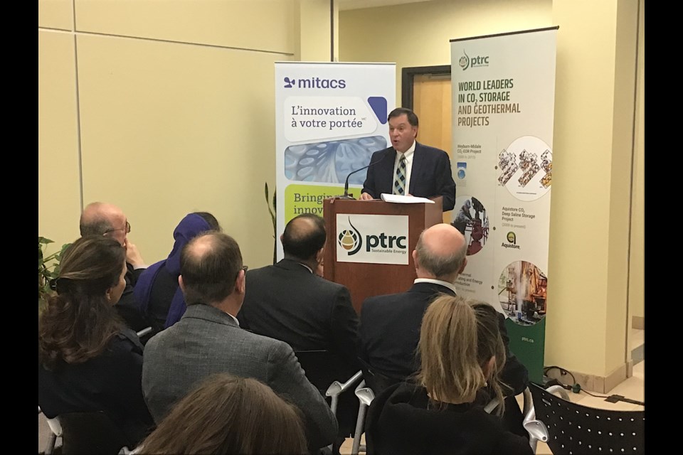 Minister of Advanced Education Gord Wyant speaks at funding agreement announcement involving Mitacs and PTRC at University of Regina.