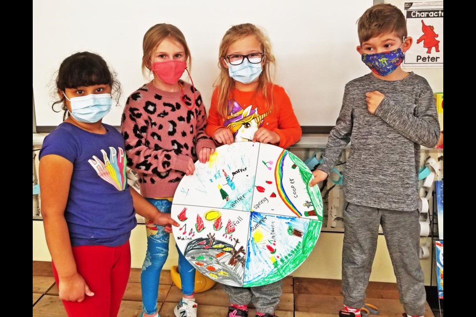 Four Grade 1 students display the art project they worked on together, depicting the four seasons, in Beth Risling’s class at St. Michael School. The students are, from left, Naira N., Harper A., Summer B. and Cooper M.