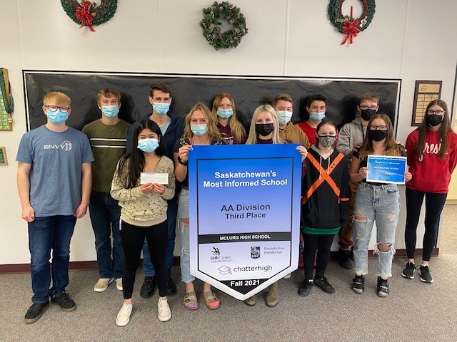 McLurg Life Transitions students proudly display the third-place banner they won in Saskatchewan's Most Informed School and Students competition held in the fall of 2021.