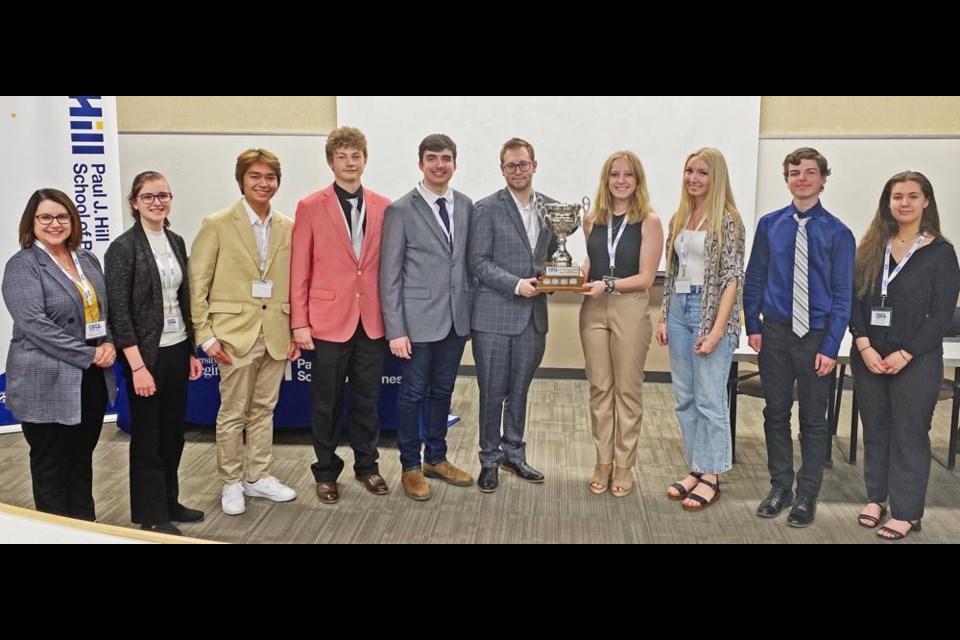 The students from Weyburn Comprehensive School who competed on teams at the Personal Finance and Entrepreneurship competition at the Paul J. Hill School of Business at the U of R on May 4-5. From left are teacher Margot Arnold, Amora Sonnenberg, Cedrick Perez, Conner Kerr, Dalton Molnar, George Hoffman, Nikola Erasmus, Maddie Gerry, Wylie Kopec and Olivia Vogel.