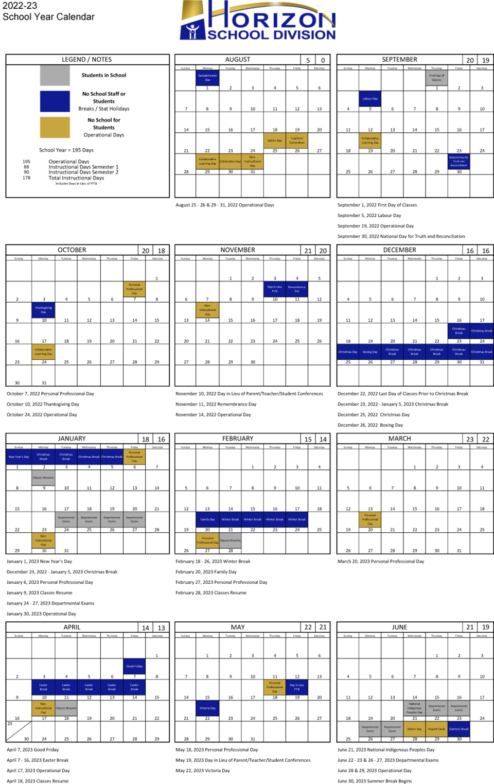 Horizon SD School Calendar 2022-23