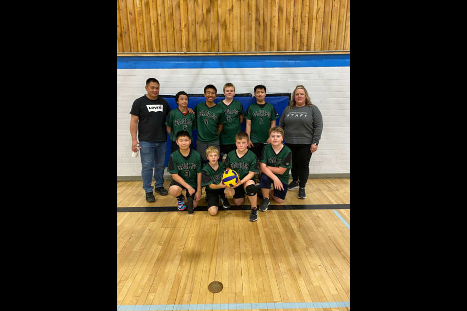 The Invermay School junior boys volleyball team members have completed their season with numerous extremely competitive matches. Team members, from left, are: (back row) Gene Hilario (coach), Angelo Ferenal, Michael Mesias, Carson Wood, Kyle Pena, and Amanda Carlson (assistant coach); and (front) George Hilario, Morgan Graham, Bennett Carlson and Kashton MacLean.