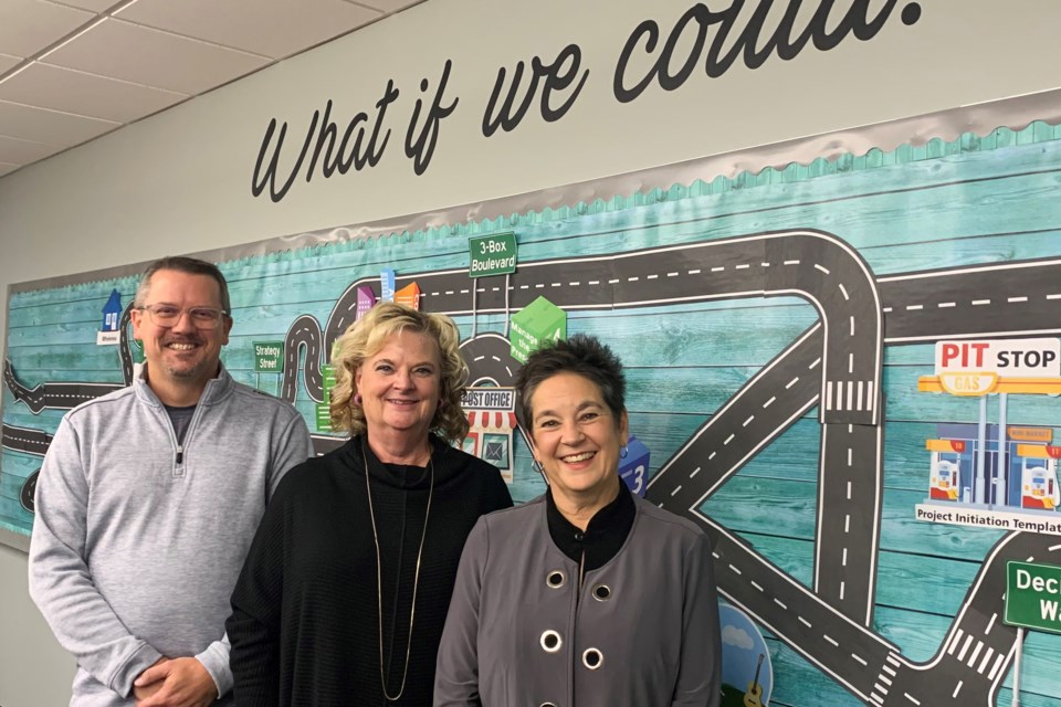 The chair Ronna Pethick, vice-chair Shaun Weber, and Brenda Vickers, director of education pictured after the 2022 orginizational meetings that saw board elections.