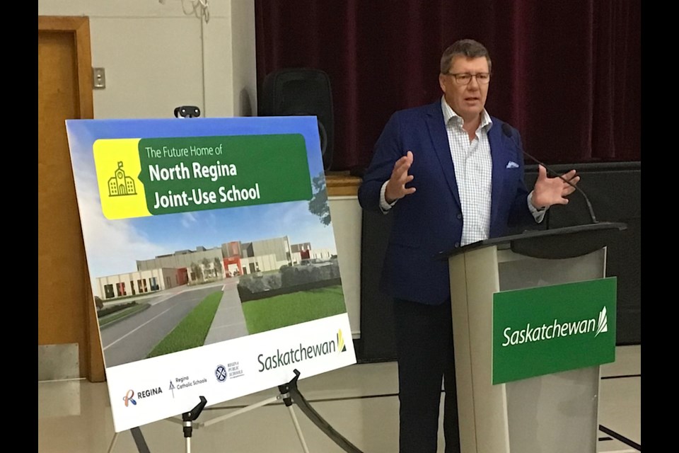 Premier Scott Moe speaks at the ceremonies marking the sod turning for the new joint use school in north Regina.