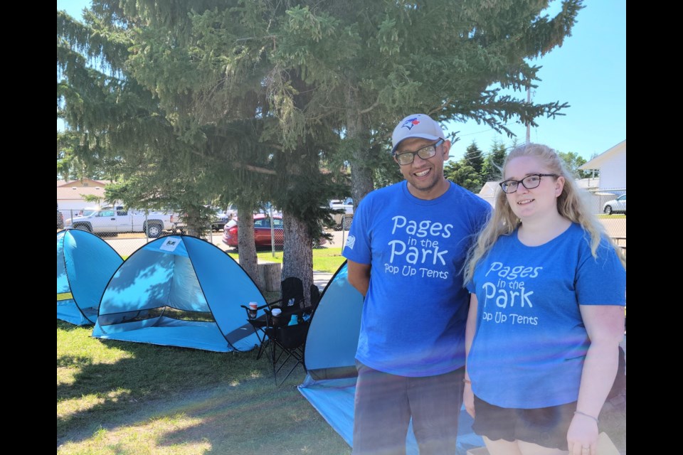 Alison Mandin and Amine Khalloug, LOCCSD team members, facilitated the Pages in the Park summer literacy pop-up program held in Unity July 14.