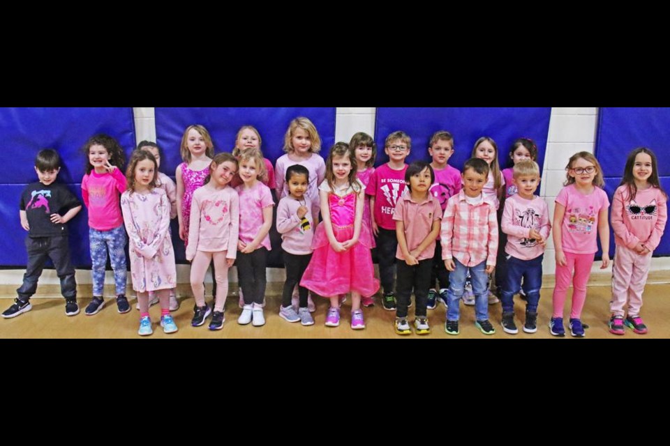 A group of kindergarten children at Assiniboia Park school showed how they participated in Pink Shirt Day on Wednesday.