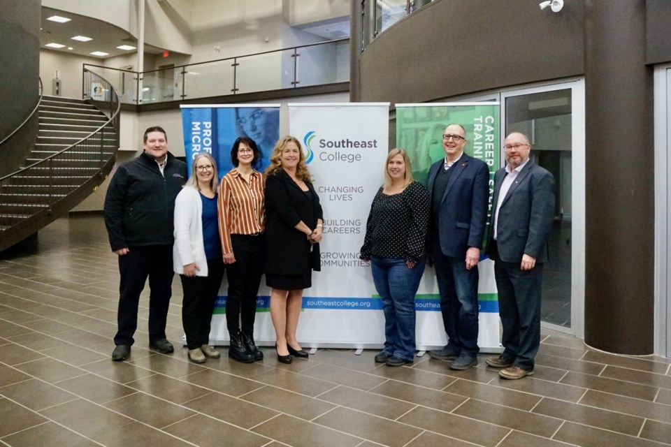 Southeast College has received a grant to fund first-year costs for its new Centre of Sustainable Innovation. Participating in the ceremony were, from left, city manager Jeff Ward, SE College marketing and communications manager Sheena Onrait, Tania Hlohovsky Andrist with SE College’s strategic development division, college president and CEO Vicky Roy, Municipal Coal Transition Funding Committee members Ashley Galloway (City of Estevan Economic Development), Mayor Roy Ludwig and RM of Estevan Coun. James Trobert.                               