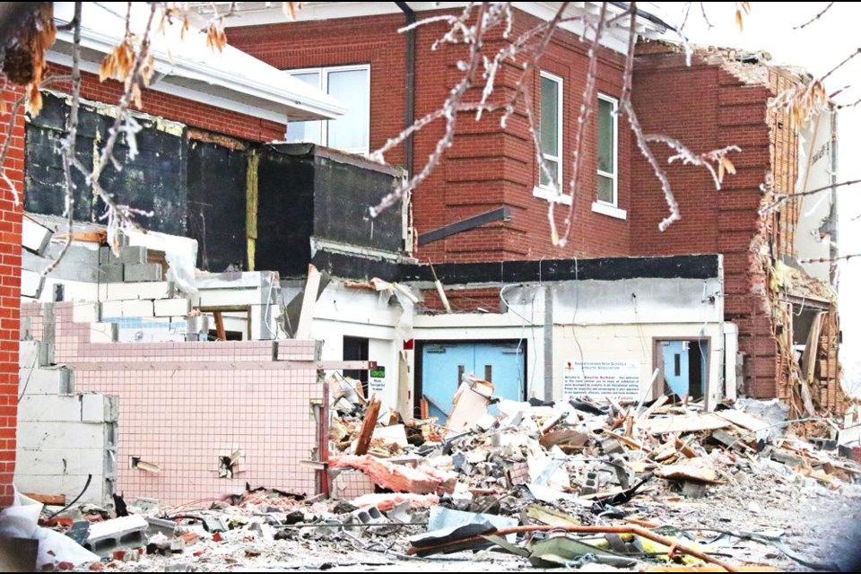 This was how Souris School looked on Monday morning, as demolition crews began taking down the historic school.