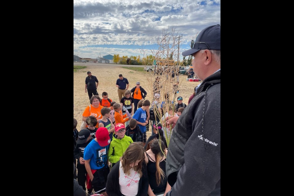 Tracey David of Syngenta speaks to students as part of the Farming for the Future harvest presentation at North West Terminal Sept. 27.