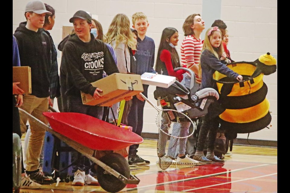 These junior high students used their imaginations to use something other than a backpack to bring their school stuff in, for a spirit day at the Weyburn Comp on Wednesday
