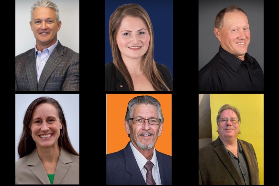 The election candidates, clockwise from top left, are Ken Rutherford (Maverick), Rosemarie Falk (Conservative), Larry Ingram (Liberal), Terry Sieben (People's Party), Erik Hansen (NDP) and Kerri Wall (Green Party).