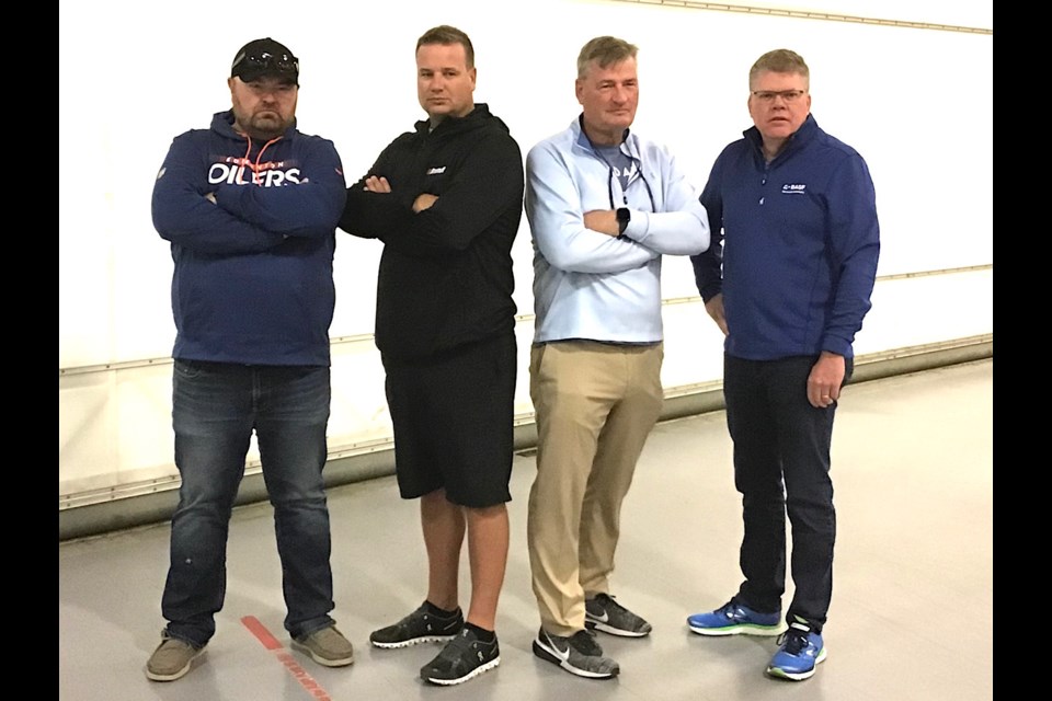 Seen left to right are the competitors in STARS Rescue on the Prairies: Chris Mansuy, Sales Consultant for South Country Equipment; Chad Davidge, Vice-President of Operations for AG Northern SK at Brandt; James “Joc” O'Rourke, President & Chief Executive Officer of The Mosaic Company; and Brent Collins, Head of Seeds for BASF Canada Inc.